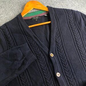 Ted Baker Cardigan Sweater Mens Size 6 Blue Wool Blend Cable Knit Fisherman